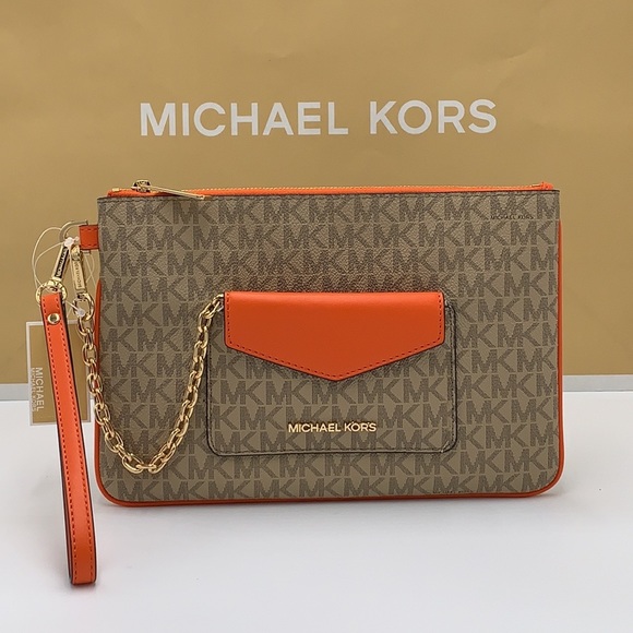 Michael Kors Jet Set LG 2 in 1 card case wristlet Wallet POPPY BROWN SIGNATURE - Picture 11 of 16